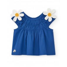 Girl's blue shirt with flowers and gathering 