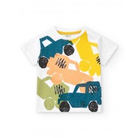 White T-shirt for boys with multi-colored vehicles and shoulder closure 