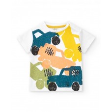 White T-shirt for boys with multi-colored vehicles and shoulder closure 