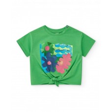 Green girl's t-shirt with print and decorative knot 