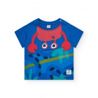 Boys' blue t-shirt with crab print and buttons on the shoulder 