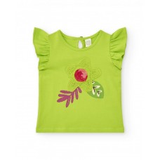 Green t-shirt for girls with ruffles and crochet flower 