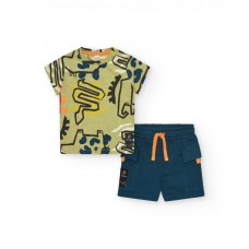 Boys' green dinosaur T-shirt with shoulder closure 