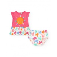 Fuchsia set for girls with sundress and panties with tropical print 