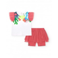Girl's set with white t-shirt with tulle sleeves and pink leggings with tulle skirt 