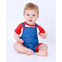 Set with whale-embroidered denim overalls and red t-shirt 
