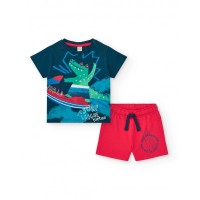 Boy's set with blue t-shirt and red shorts with surfboards 