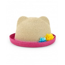 Beige raffia hat for girls with pink trim and ears