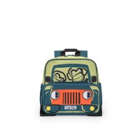Boys' backpack with a car and monkey design in green, orange, and black 