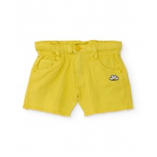 Yellow girl's denim shorts with frayed hem and floral embroidery 