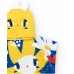 Blue poncho towel for girls with flowers and a yellow hood 