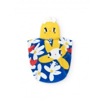 Blue poncho towel for girls with flowers and a yellow hood 