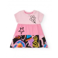 Pink dress for girls with multicolored stars and flowers