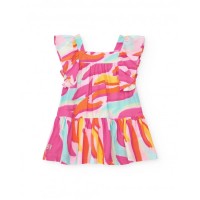 Pink poplin dress for girls with multicoloured print and ruffles 