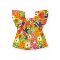 Green dress for girls with tropical print and ruffled sleeves 