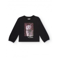 Girls black long-sleeved T-shirt with cat print 