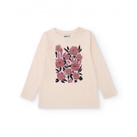 Ecru long-sleeved T-shirt for girls with floral appliqués 