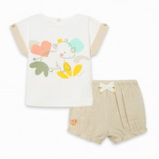 CONJUNTO CAMISETA PUNTO Y SHORT GASA LAZO NIÑA BEIGE SAVANNA